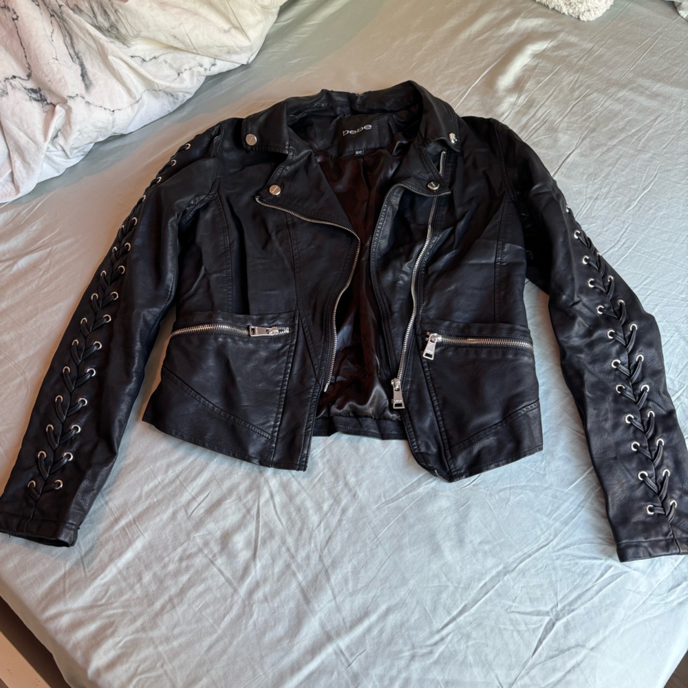 bebe Black Leather Jacket with Lace-Up Detail